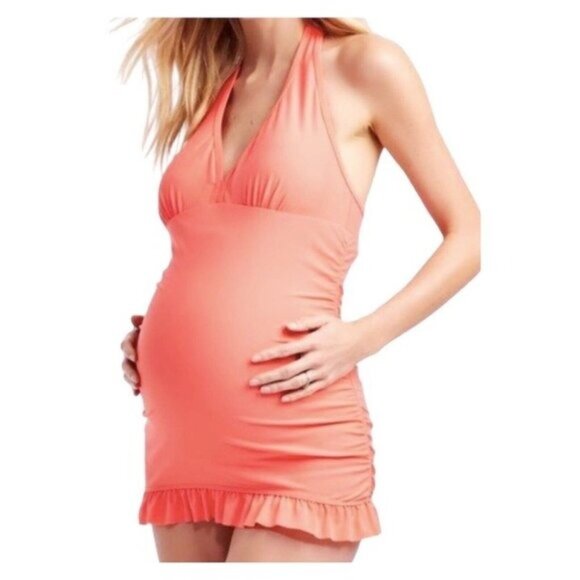 Jessica Simpson Other - Jessica Simpson Maternity Halter Padded Cup Ruffle Hem Coral Swimsuit Size Large